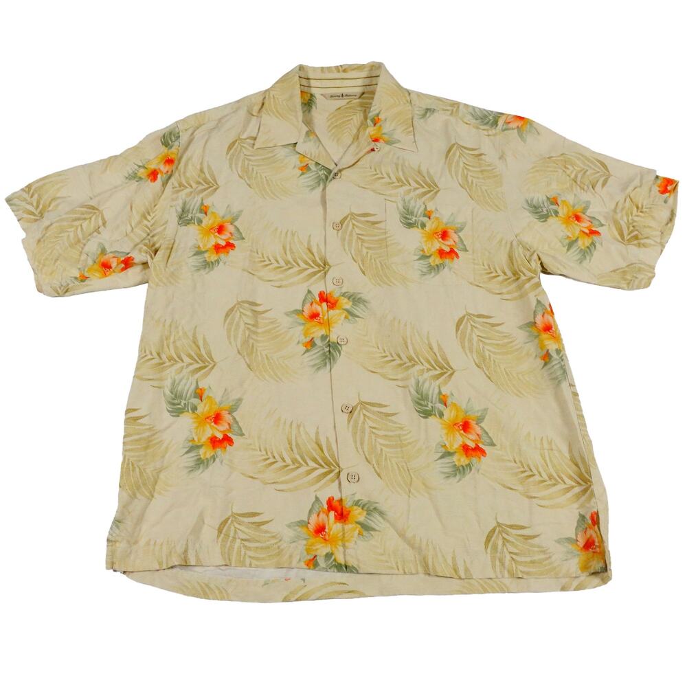 Tommy Bahama Silk Floral Leaf Hawaiian Button Up Camp Tropical Shirt Large